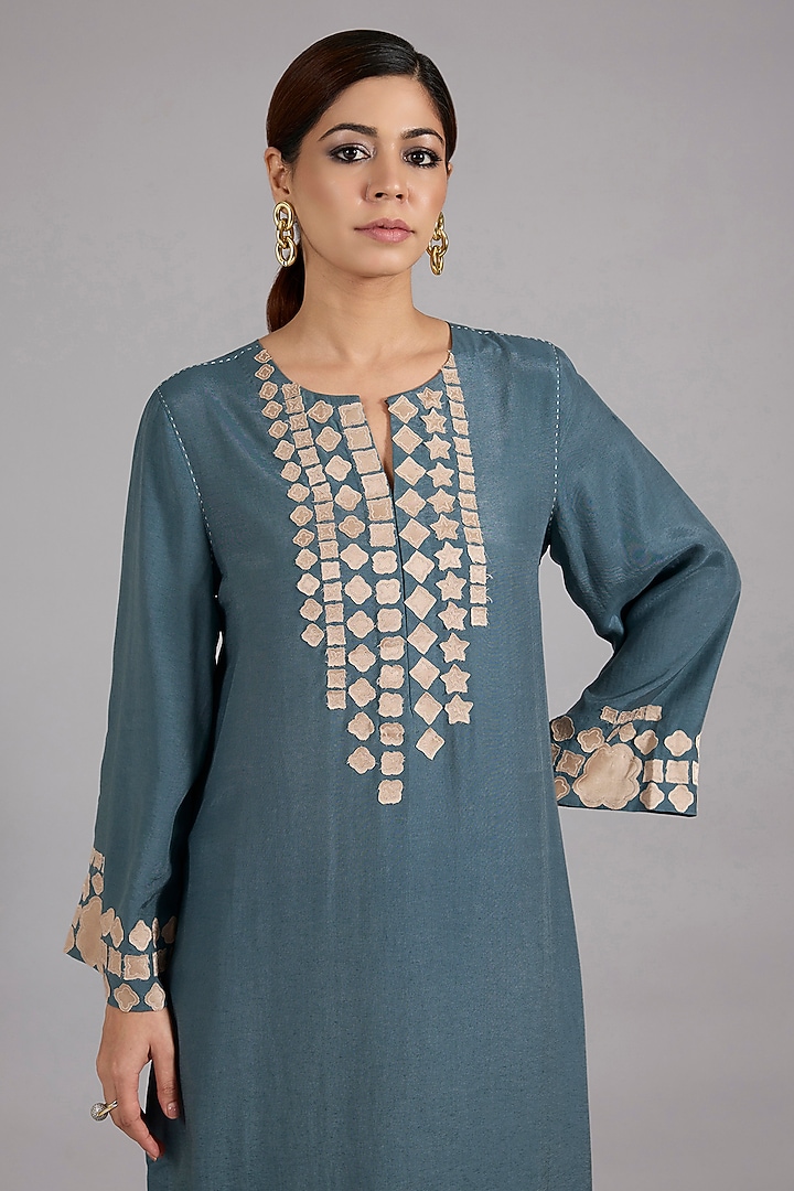 Atlantic Blue Tencel Luxe Patchwork Kurta Set by Divyam Mehta at Pernia's Pop Up Shop