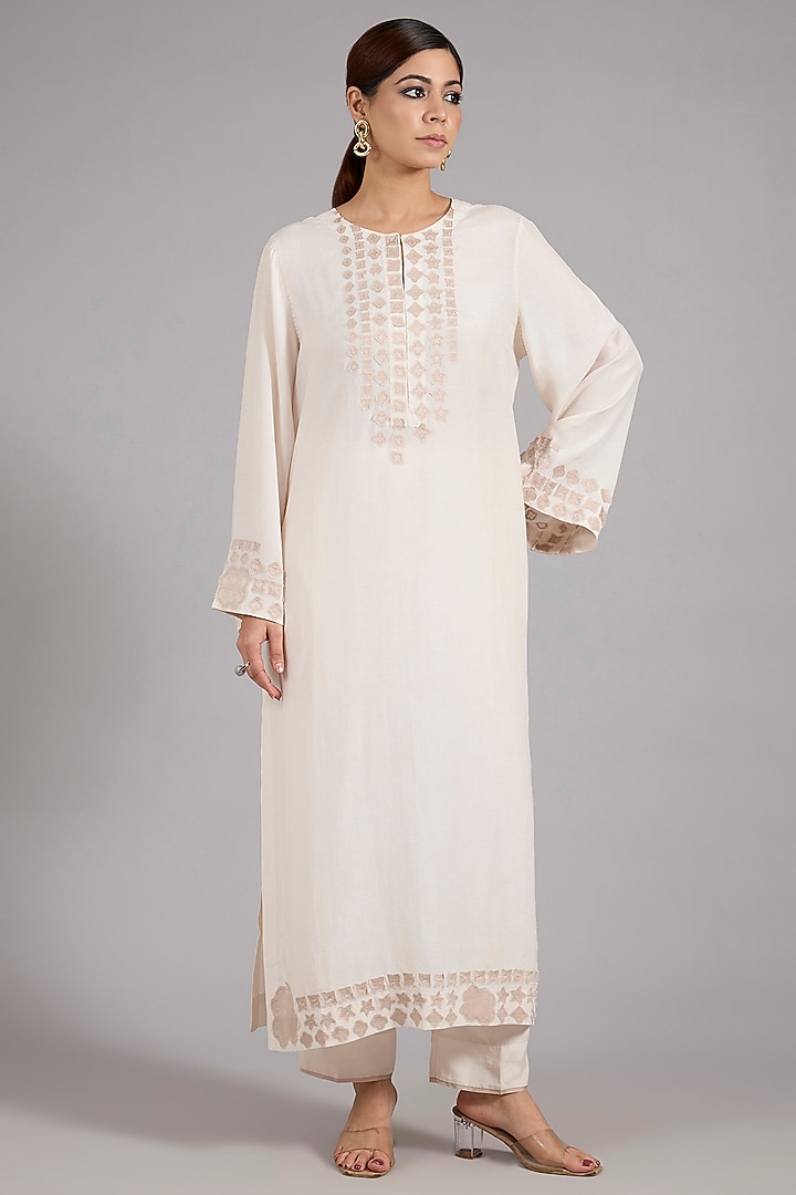 Ivory Tencel Luxe Patchwork Kurta Set by Divyam Mehta at Pernia's Pop Up Shop