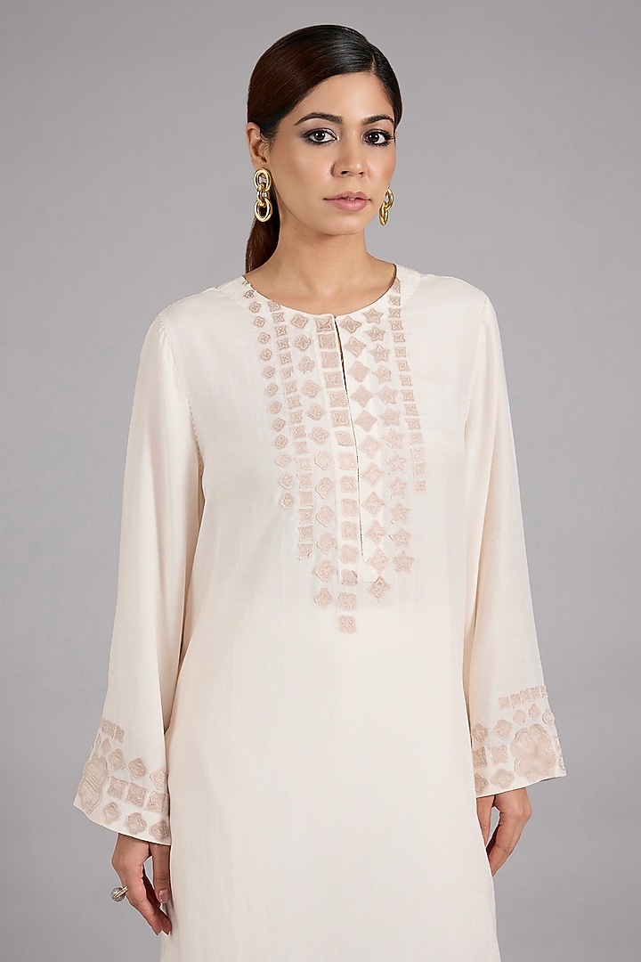Ivory Tencel Luxe Patchwork Kurta Set by Divyam Mehta at Pernia's Pop Up Shop