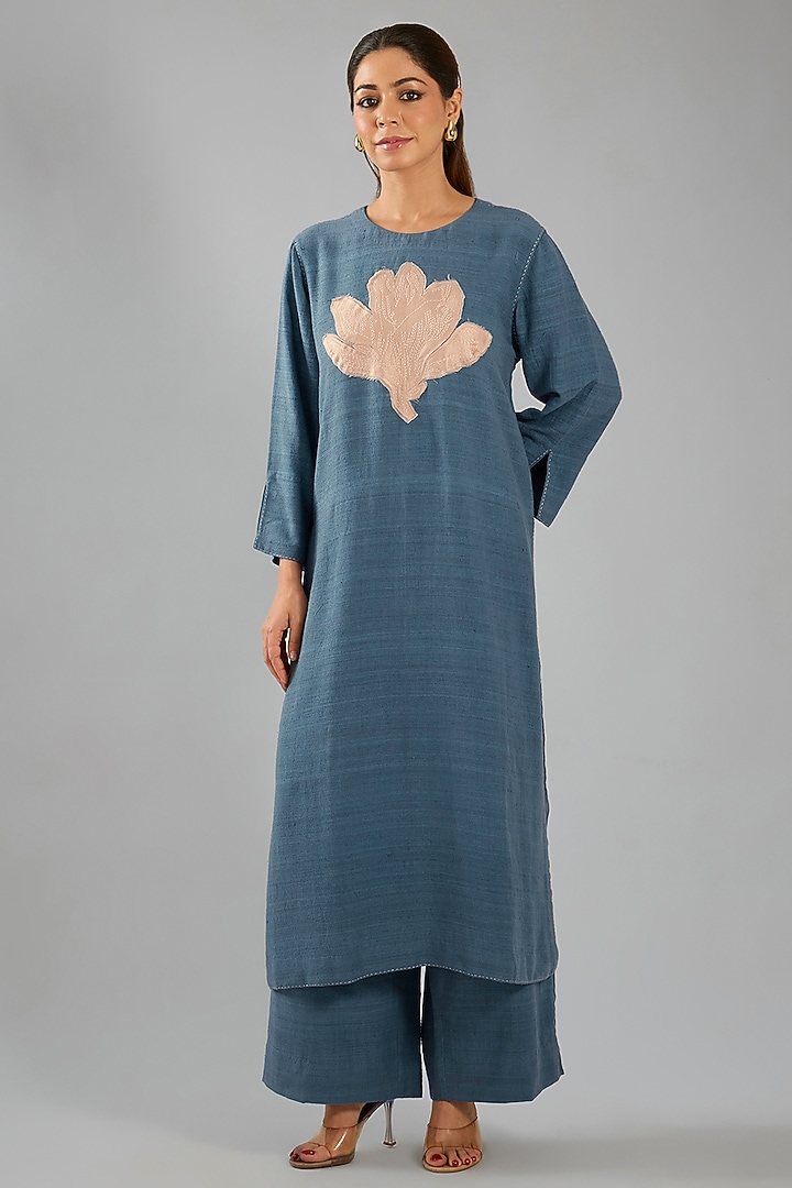Blue Matka Silk Patch Work Kurta Set by Divyam Mehta at Pernia's Pop Up Shop