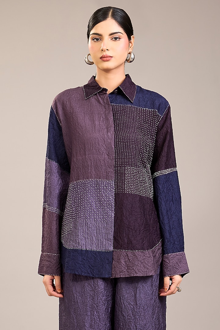 Amethyst Mulberry Silk Kantha Colour-Blocked Shirt by Divyam Mehta at Pernia's Pop Up Shop