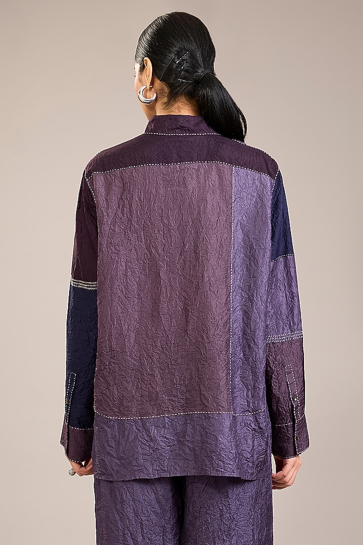 Amethyst Mulberry Silk Kantha Colour-Blocked Shirt by Divyam Mehta at Pernia's Pop Up Shop