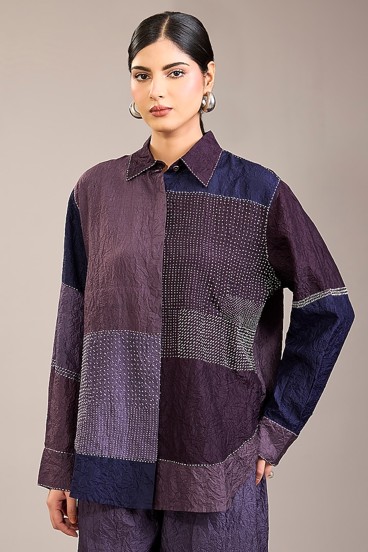 Amethyst Mulberry Silk Kantha Colour-Blocked Shirt by Divyam Mehta at Pernia's Pop Up Shop
