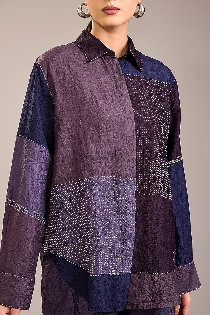 Amethyst Mulberry Silk Kantha Colour-Blocked Shirt by Divyam Mehta at Pernia's Pop Up Shop