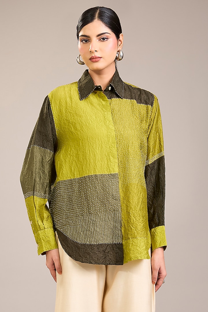 Yellow Mulberry Silk Kantha Colour-Blocked Shirt by Divyam Mehta at Pernia's Pop Up Shop