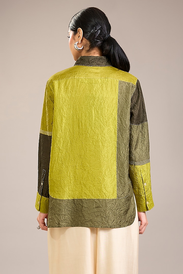 Yellow Mulberry Silk Kantha Colour-Blocked Shirt by Divyam Mehta at Pernia's Pop Up Shop