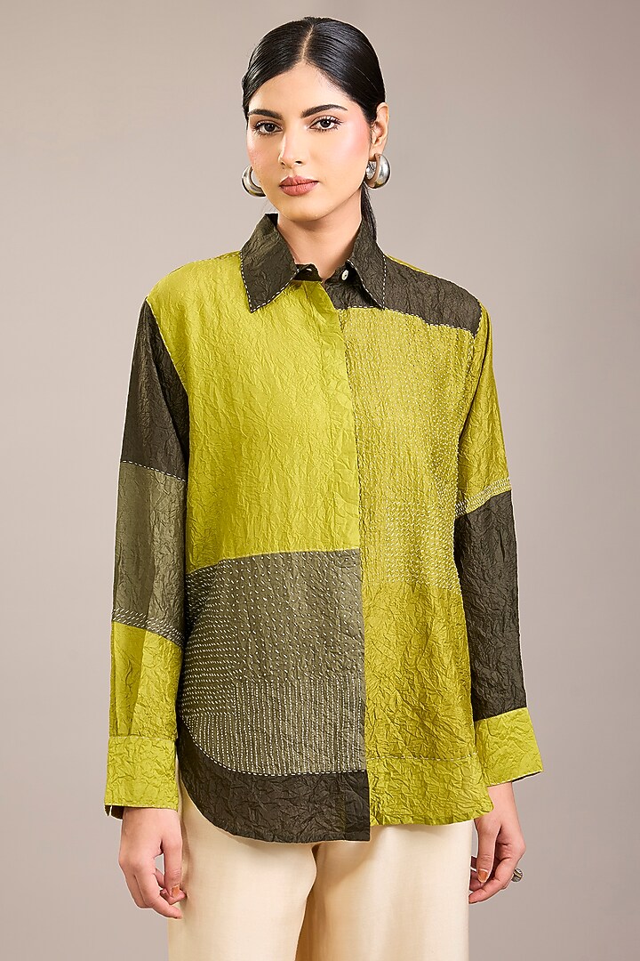 Yellow Mulberry Silk Kantha Colour-Blocked Shirt by Divyam Mehta at Pernia's Pop Up Shop