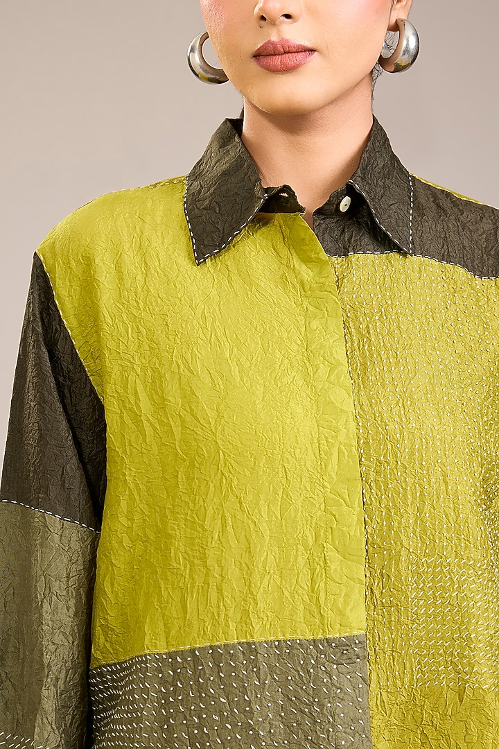Yellow Mulberry Silk Kantha Colour-Blocked Shirt by Divyam Mehta at Pernia's Pop Up Shop