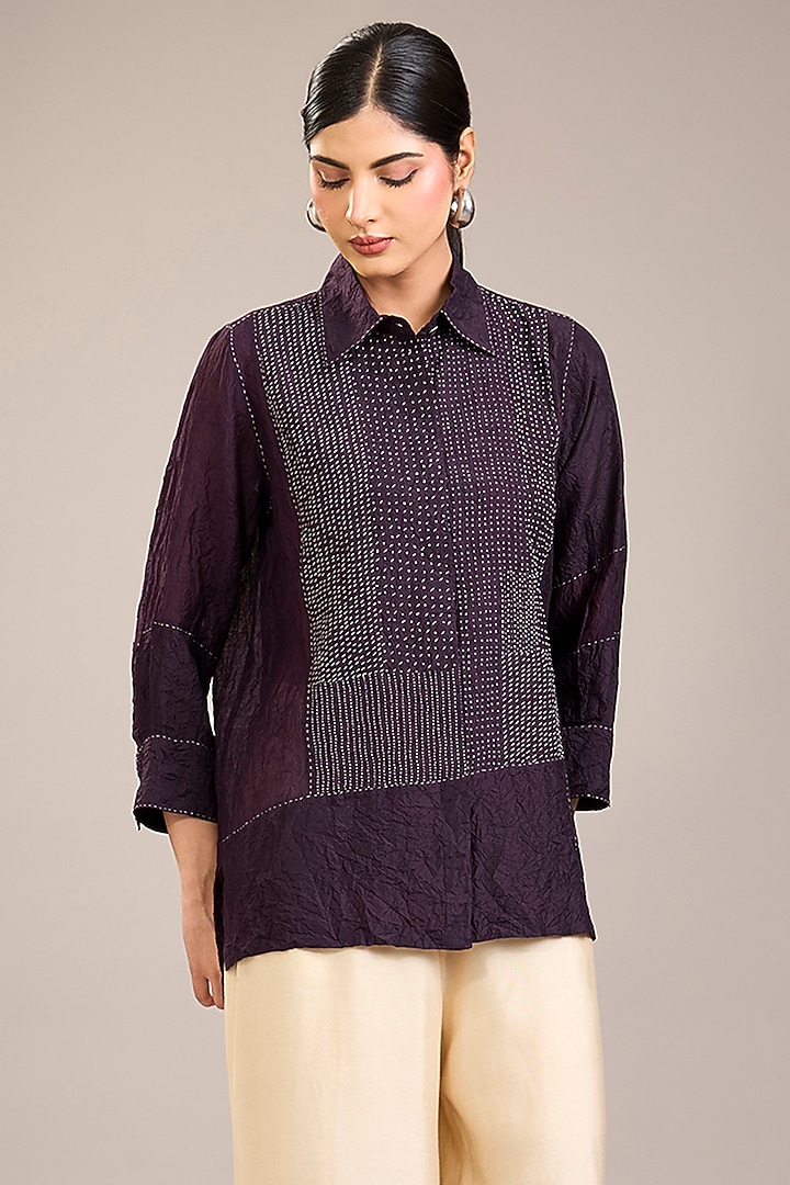 Purple Mulberry Silk Kantha Color Blocked Shirt by Divyam Mehta at Pernia's Pop Up Shop