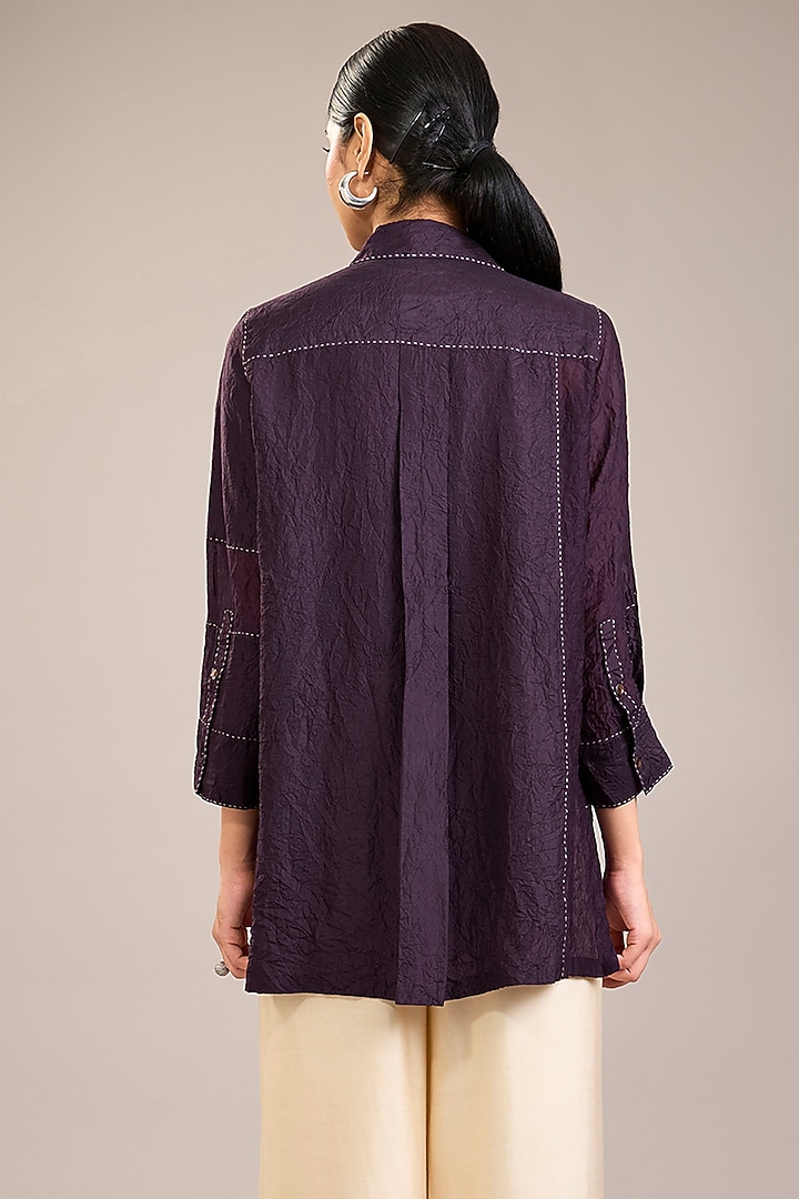 Purple Mulberry Silk Kantha Color Blocked Shirt by Divyam Mehta at Pernia's Pop Up Shop