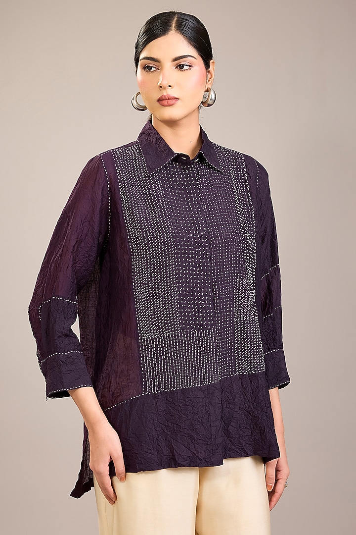 Purple Mulberry Silk Kantha Color Blocked Shirt by Divyam Mehta at Pernia's Pop Up Shop
