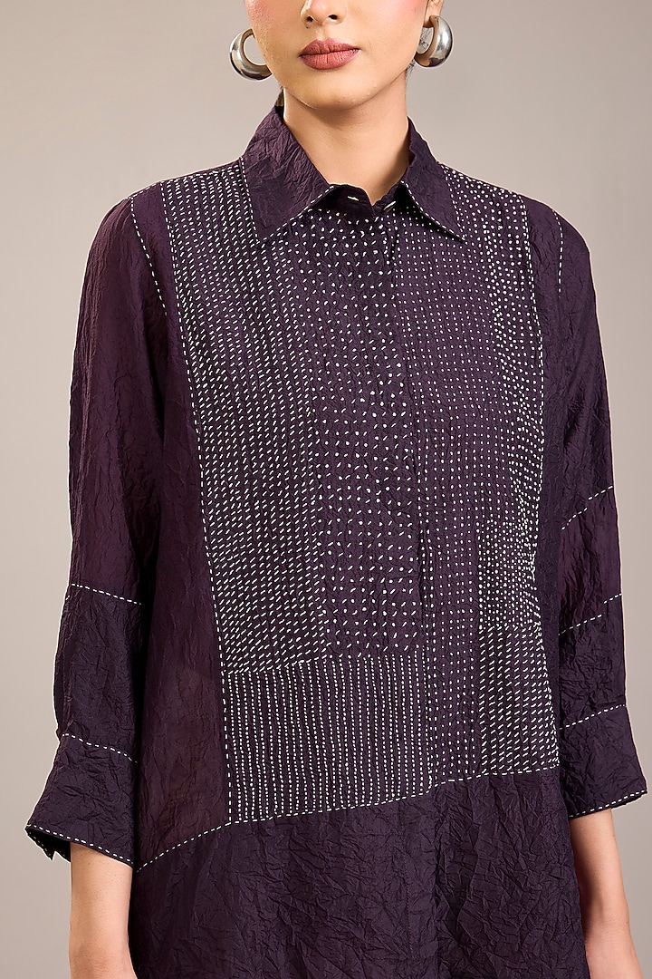 Purple Mulberry Silk Kantha Color Blocked Shirt by Divyam Mehta at Pernia's Pop Up Shop
