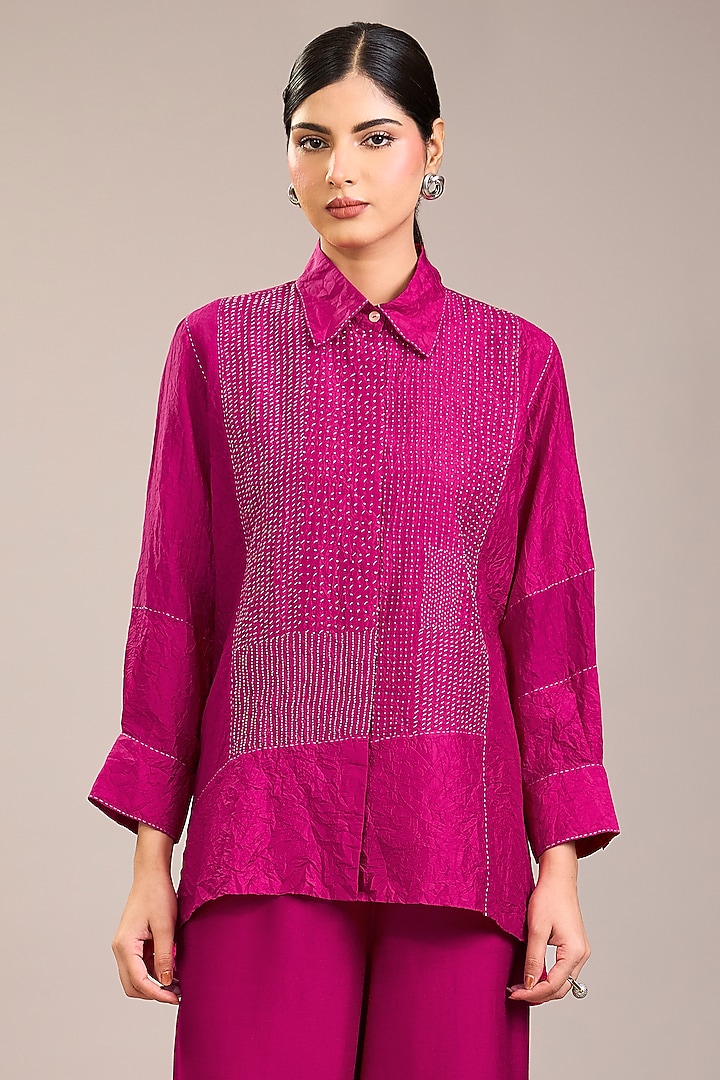 Fuchsia Mulberry Silk Kantha Color Blocked Shirt by Divyam Mehta at Pernia's Pop Up Shop