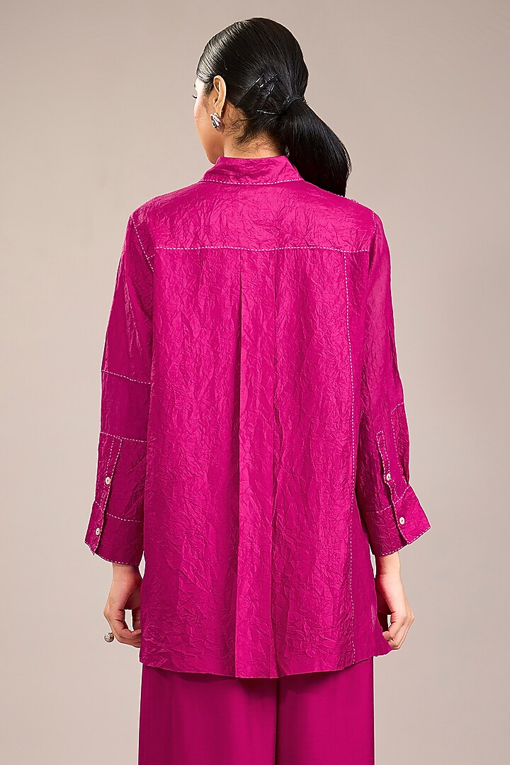 Fuchsia Mulberry Silk Kantha Color Blocked Shirt by Divyam Mehta at Pernia's Pop Up Shop