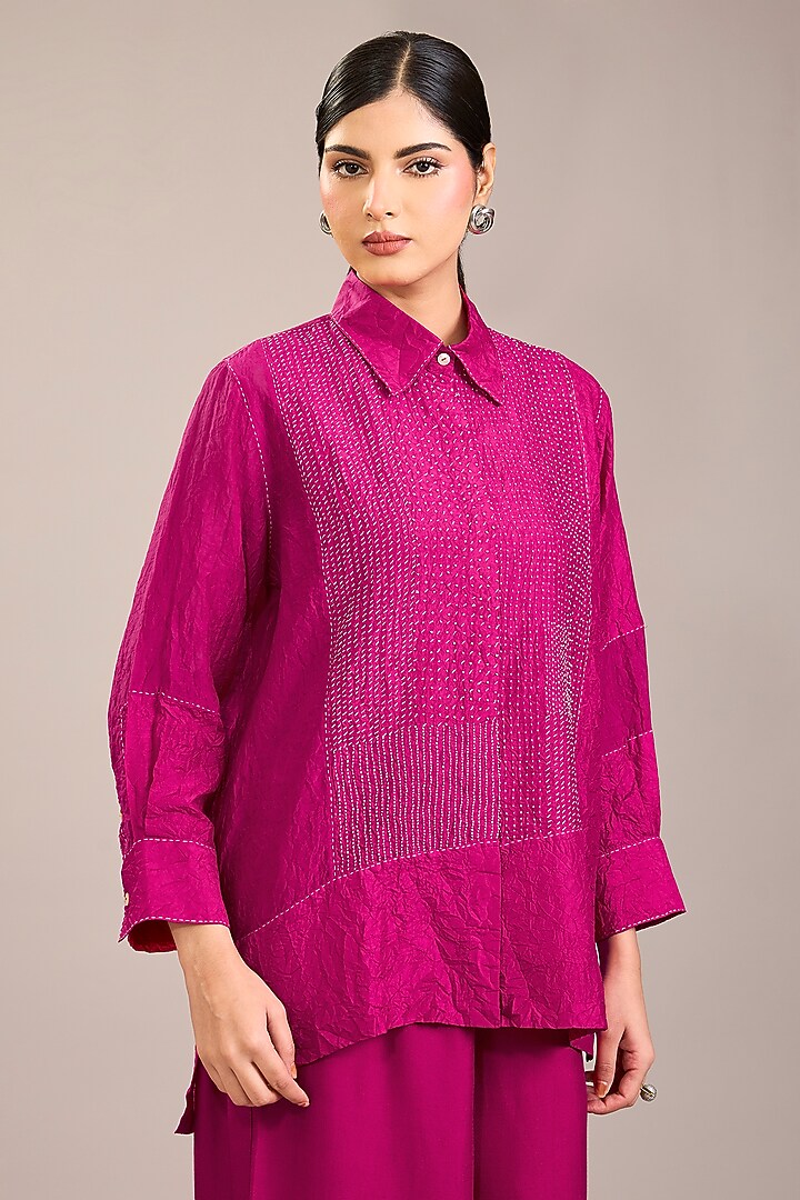 Fuchsia Mulberry Silk Kantha Color Blocked Shirt by Divyam Mehta at Pernia's Pop Up Shop