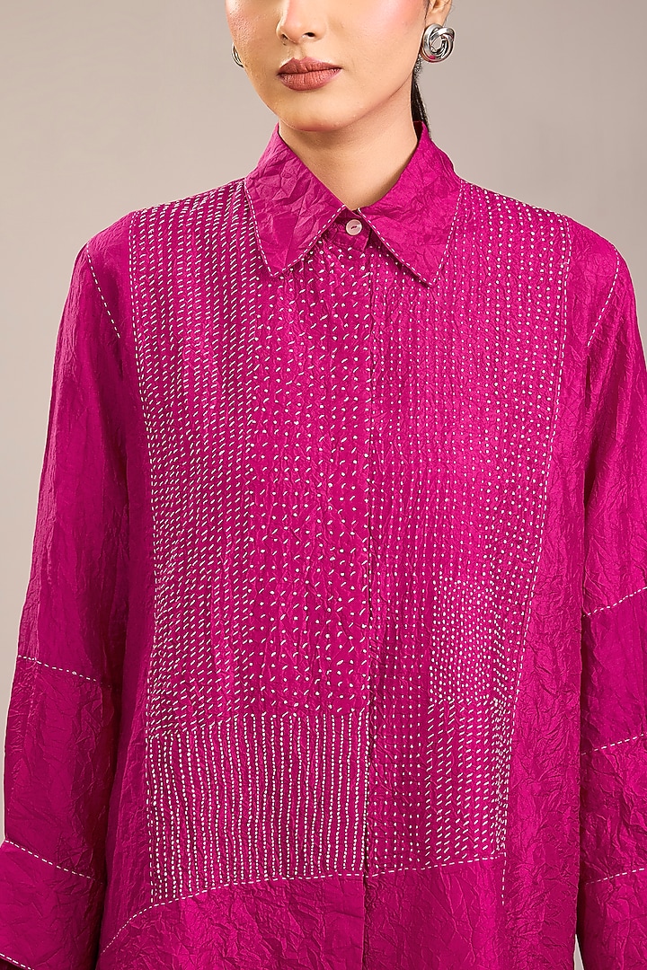 Fuchsia Mulberry Silk Kantha Color Blocked Shirt by Divyam Mehta at Pernia's Pop Up Shop