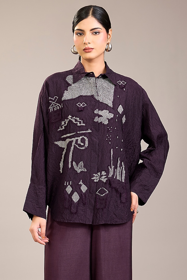 Purple Mulberry Silk Kantha Embroidered Shirt by Divyam Mehta at Pernia's Pop Up Shop