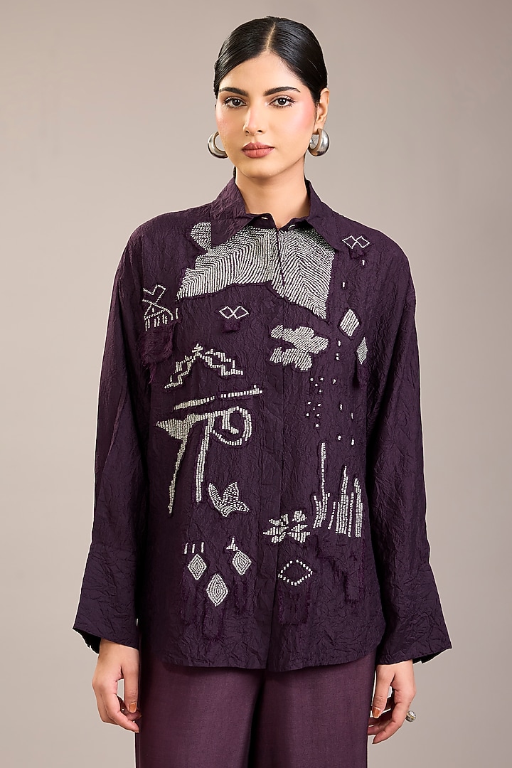 Purple Mulberry Silk Kantha Embroidered Shirt by Divyam Mehta at Pernia's Pop Up Shop