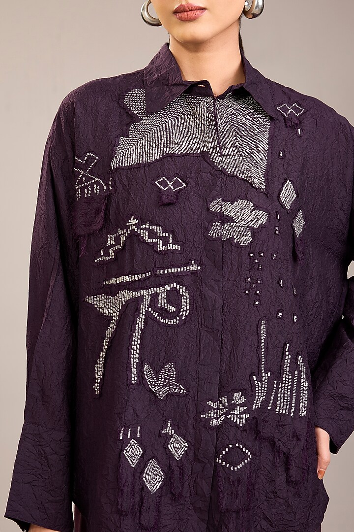Purple Mulberry Silk Kantha Embroidered Shirt by Divyam Mehta at Pernia's Pop Up Shop