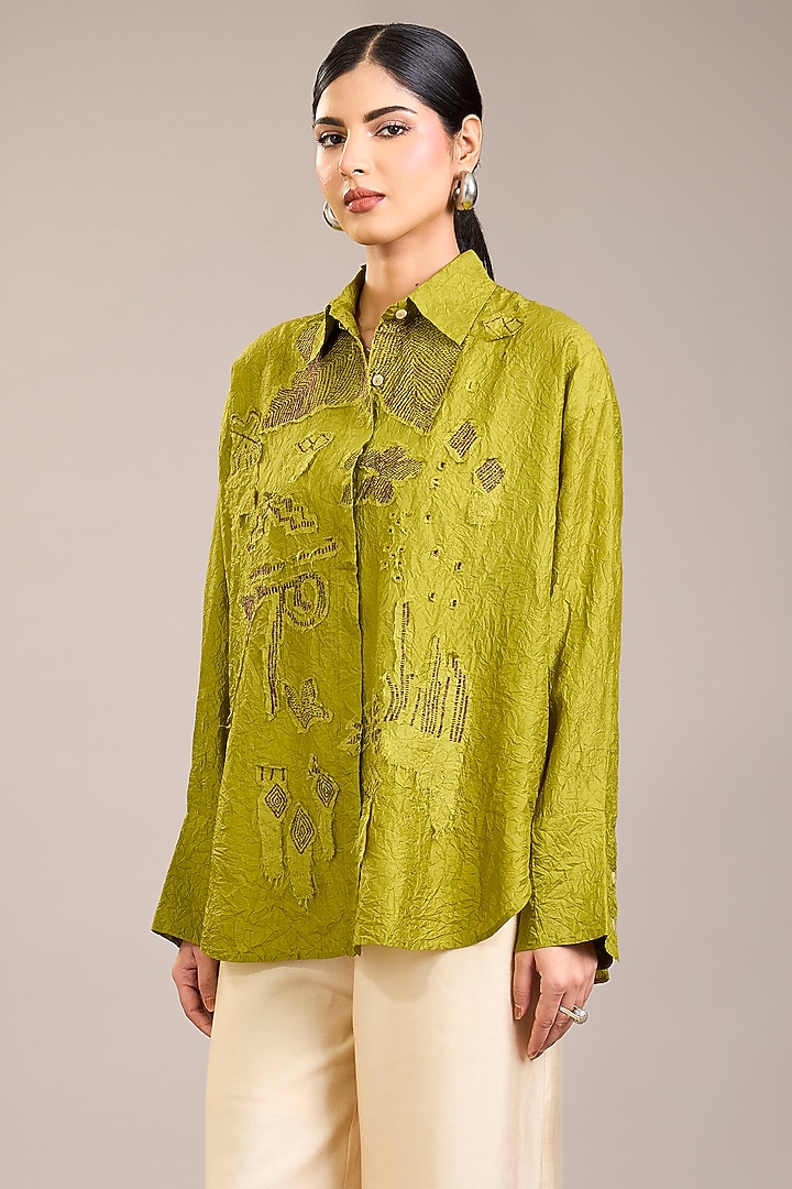 Yellow Mulberry Silk Kantha Embroidered Shirt by Divyam Mehta at Pernia's Pop Up Shop