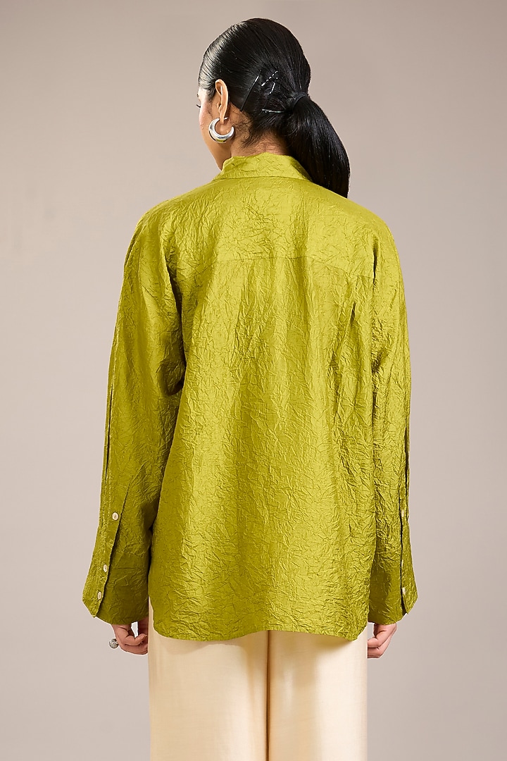 Yellow Mulberry Silk Kantha Embroidered Shirt by Divyam Mehta at Pernia's Pop Up Shop