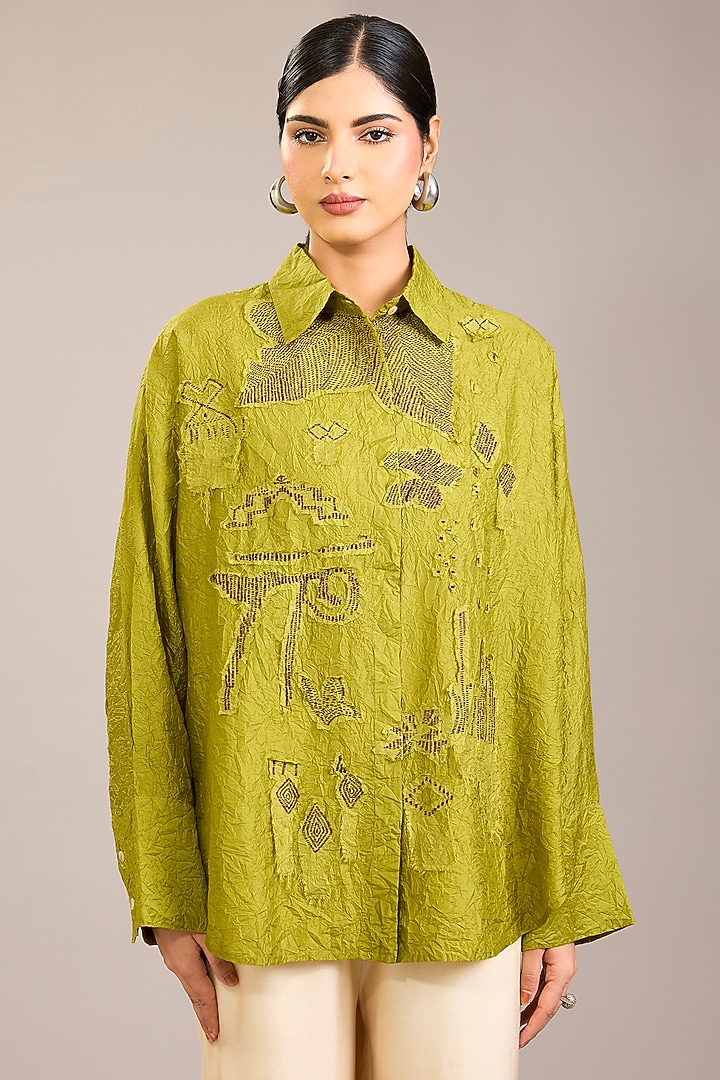 Yellow Mulberry Silk Kantha Embroidered Shirt by Divyam Mehta at Pernia's Pop Up Shop