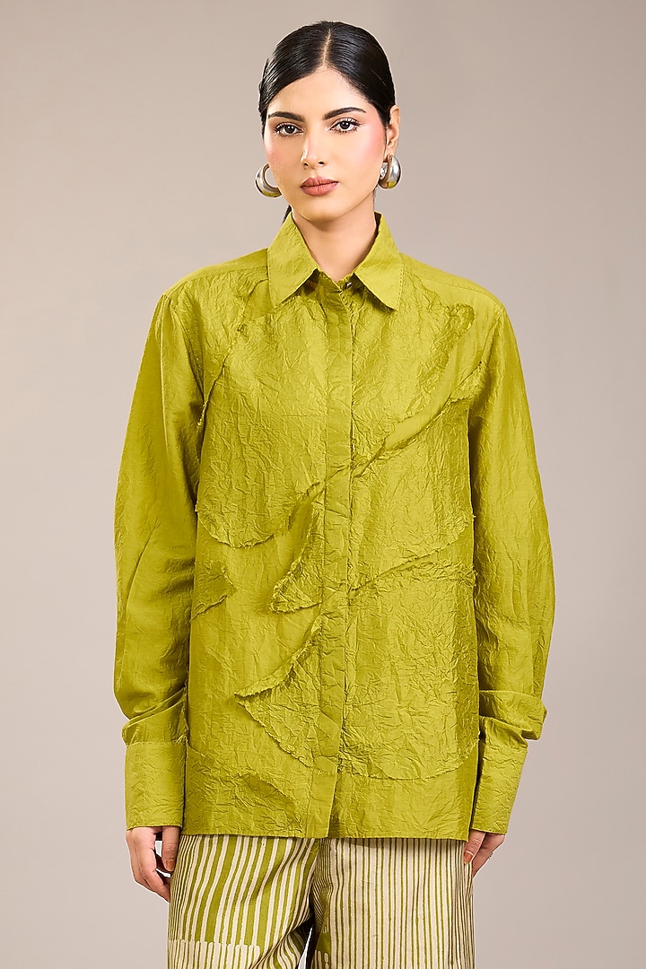 Yellow Cotton Silk Abstract Patch Work Shirt by Divyam Mehta at Pernia's Pop Up Shop