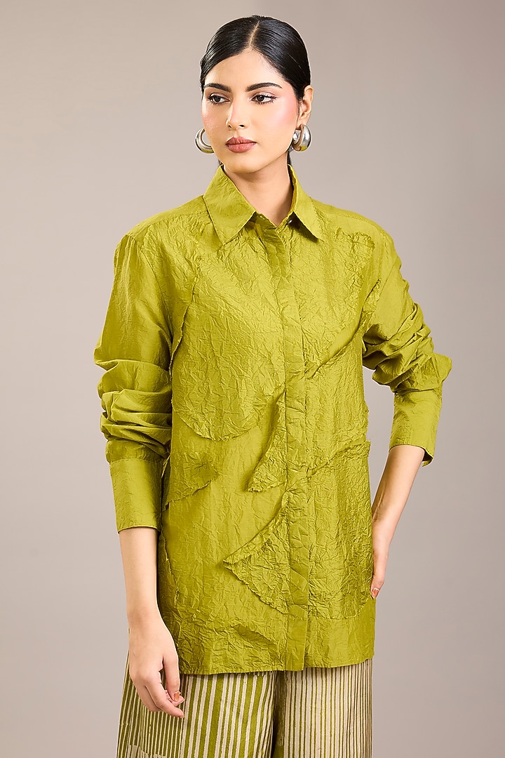 Yellow Cotton Silk Abstract Patch Work Shirt by Divyam Mehta at Pernia's Pop Up Shop