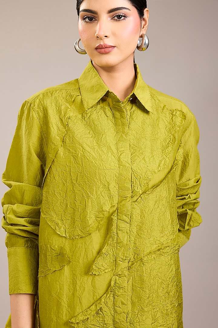 Yellow Cotton Silk Abstract Patch Work Shirt by Divyam Mehta at Pernia's Pop Up Shop