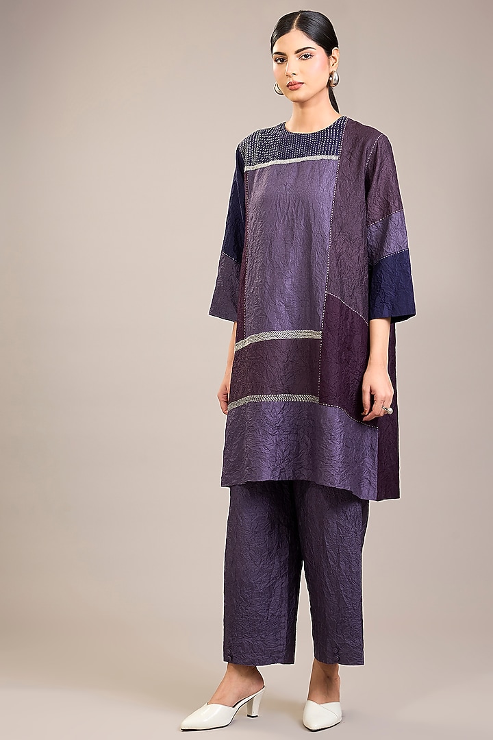 Amethyst Crushed Mulberry Silk Kantha Colour-Blocked Tunic Set by Divyam Mehta at Pernia's Pop Up Shop