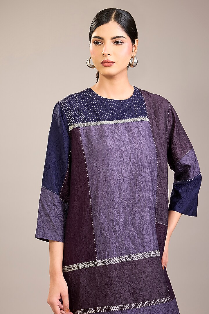 Amethyst Crushed Mulberry Silk Kantha Colour-Blocked Tunic Set by Divyam Mehta at Pernia's Pop Up Shop