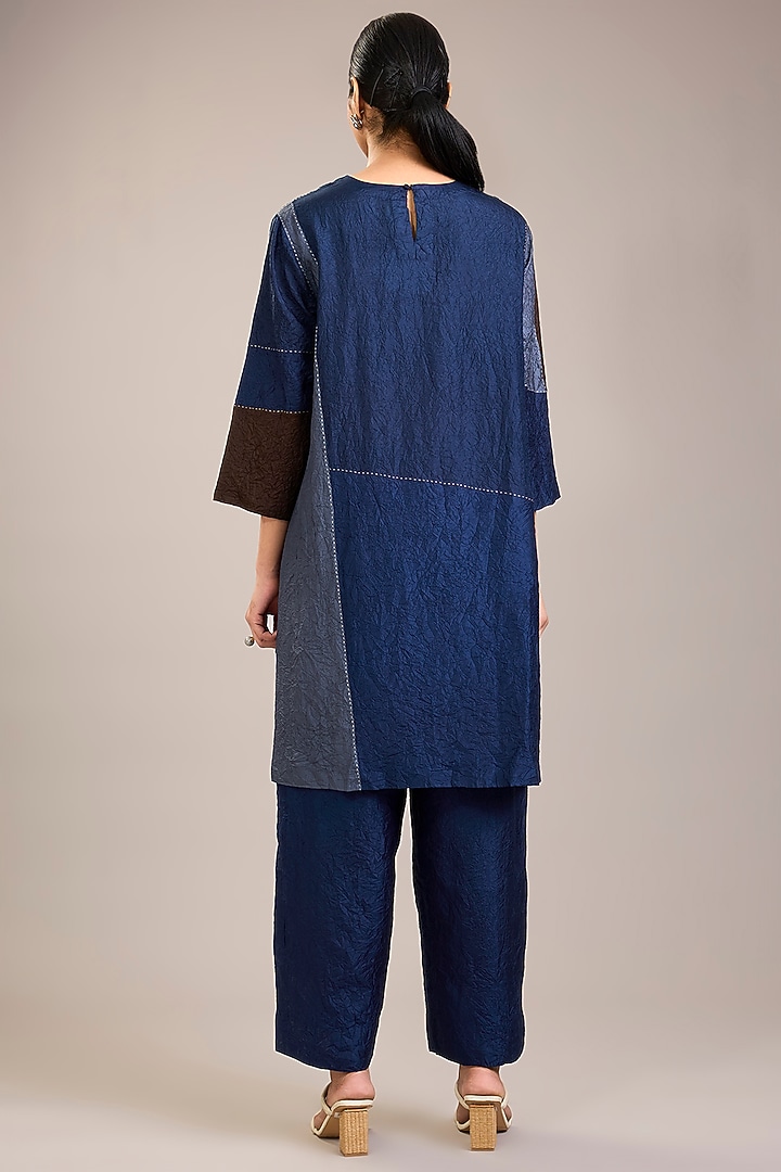 Indigo Crushed Mulberry Silk Kantha Colour-Blocked Tunic Set by Divyam Mehta at Pernia's Pop Up Shop
