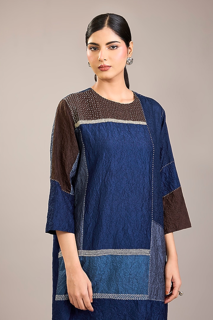 Indigo Crushed Mulberry Silk Kantha Colour-Blocked Tunic Set by Divyam Mehta at Pernia's Pop Up Shop