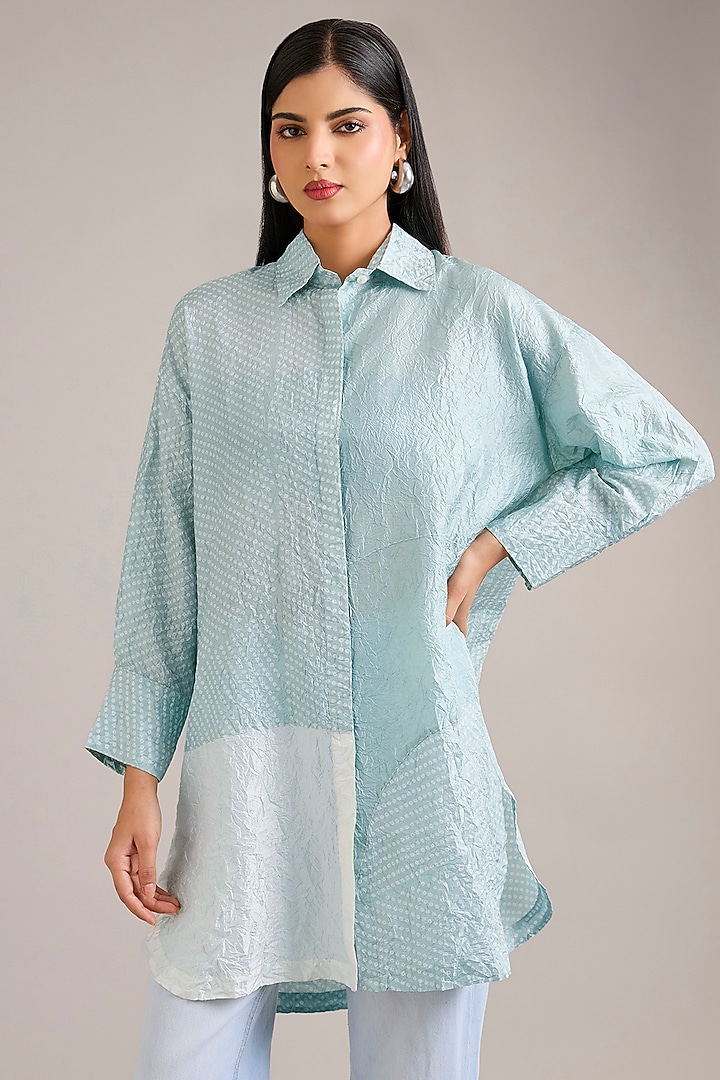 Dawn Blue Crushed Mulberry Silk Shirt by Divyam Mehta at Pernia's Pop Up Shop