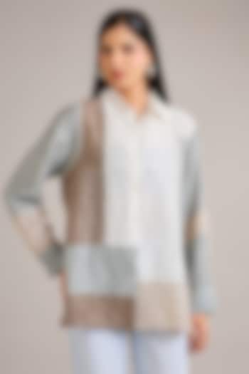 Dawn Blue Crushed Mulberry Silk Color-Blocked Shirt by Divyam Mehta at Pernia's Pop Up Shop