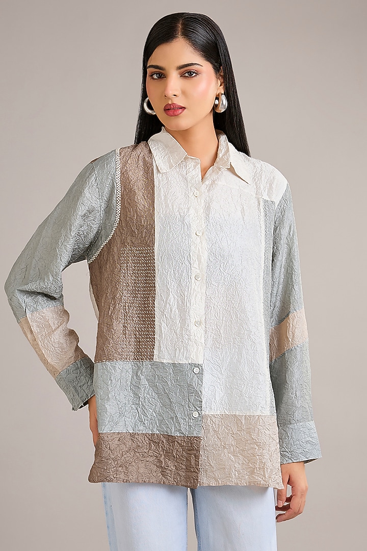 Dawn Blue Crushed Mulberry Silk Color-Blocked Shirt by Divyam Mehta at Pernia's Pop Up Shop