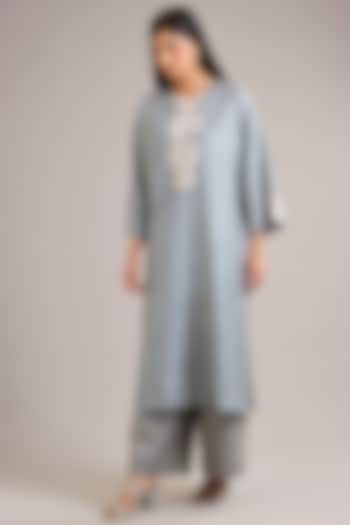 Dawn Blue Crushed Mulberry Silk Motif Embroidered Tunic by Divyam Mehta at Pernia's Pop Up Shop