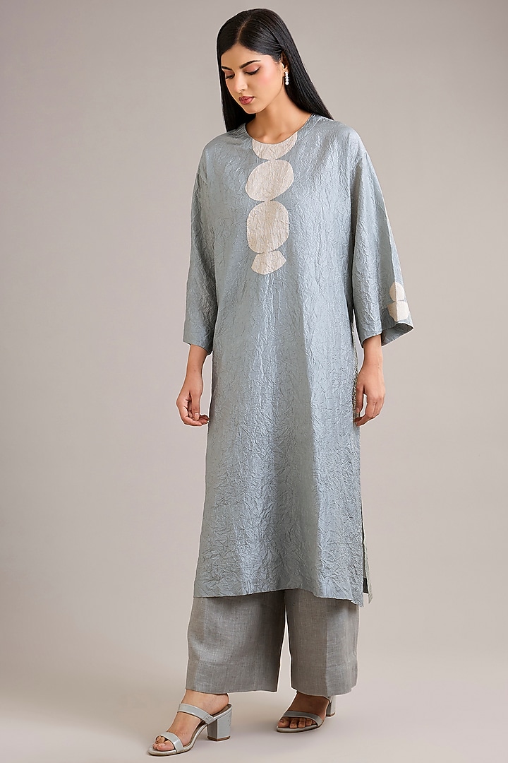 Dawn Blue Crushed Mulberry Silk Motif Embroidered Tunic by Divyam Mehta at Pernia's Pop Up Shop