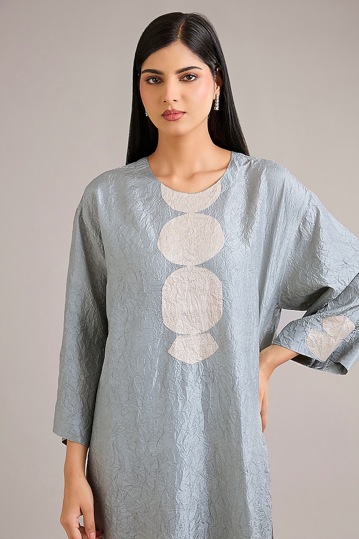 Dawn Blue Crushed Mulberry Silk Motif Embroidered Tunic by Divyam Mehta at Pernia's Pop Up Shop