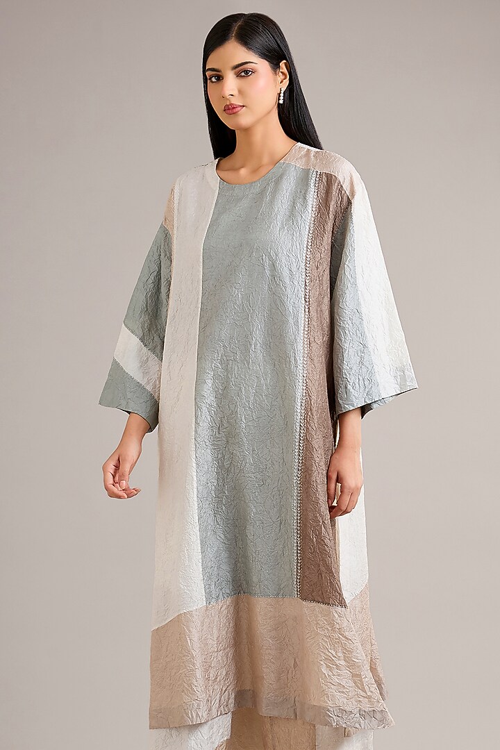 Dawn Blue Crushed Mulberry Silk Color-Blocked Tunic by Divyam Mehta at Pernia's Pop Up Shop