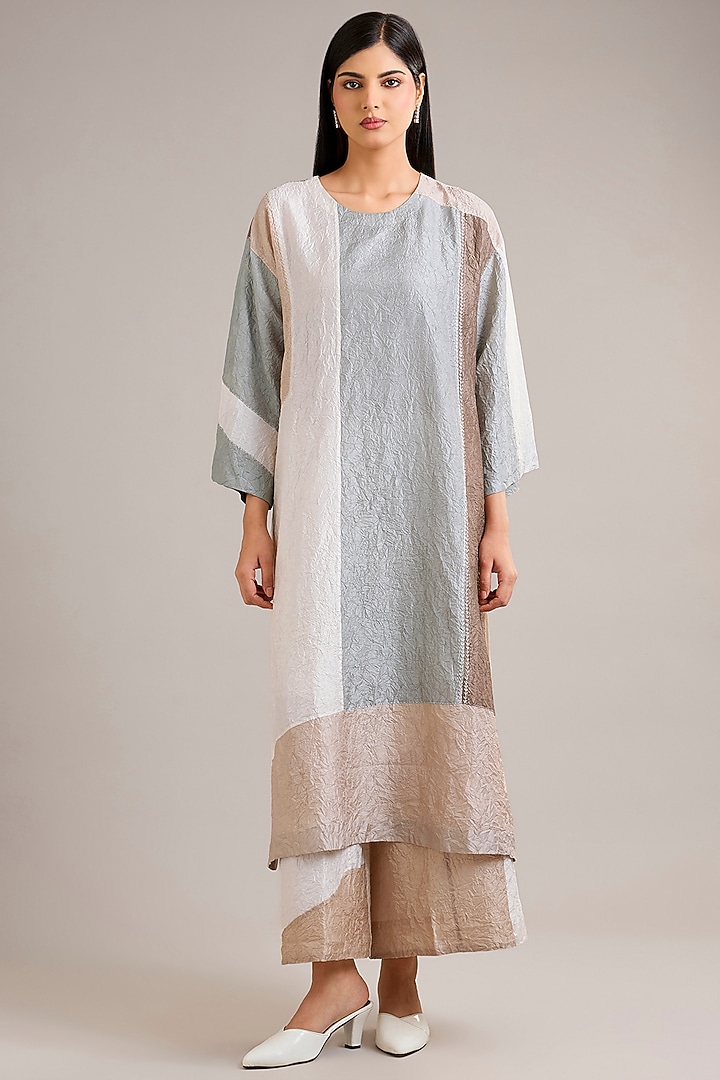 Dawn Blue Crushed Mulberry Silk Color-Blocked Tunic by Divyam Mehta at Pernia's Pop Up Shop