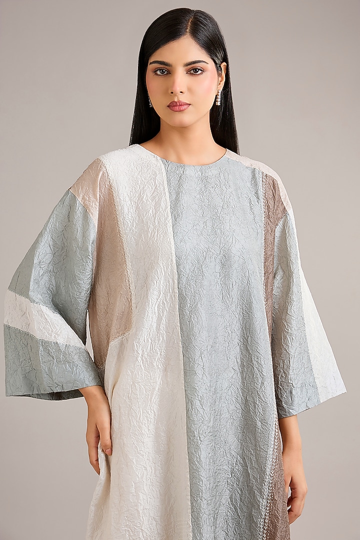 Dawn Blue Crushed Mulberry Silk Color-Blocked Tunic by Divyam Mehta at Pernia's Pop Up Shop
