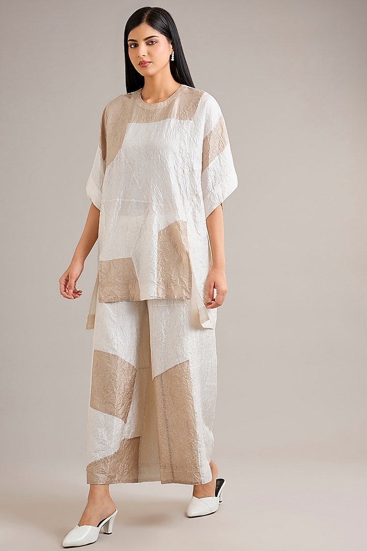 Badami-Colored Crushed Mulberry Silk Tunic Set by Divyam Mehta at Pernia's Pop Up Shop