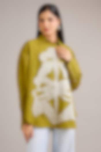 Nashpati Green Crushed Mulberry Silk Patchwork Shirt by Divyam Mehta at Pernia's Pop Up Shop