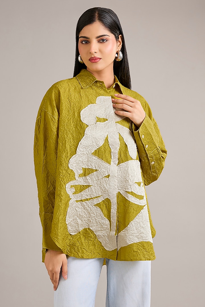 Nashpati Green Crushed Mulberry Silk Patchwork Shirt by Divyam Mehta at Pernia's Pop Up Shop
