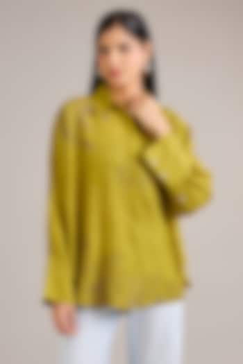 Nashpati Green Crushed Mulberry Silk Floral Embroidered Shirt by Divyam Mehta at Pernia's Pop Up Shop