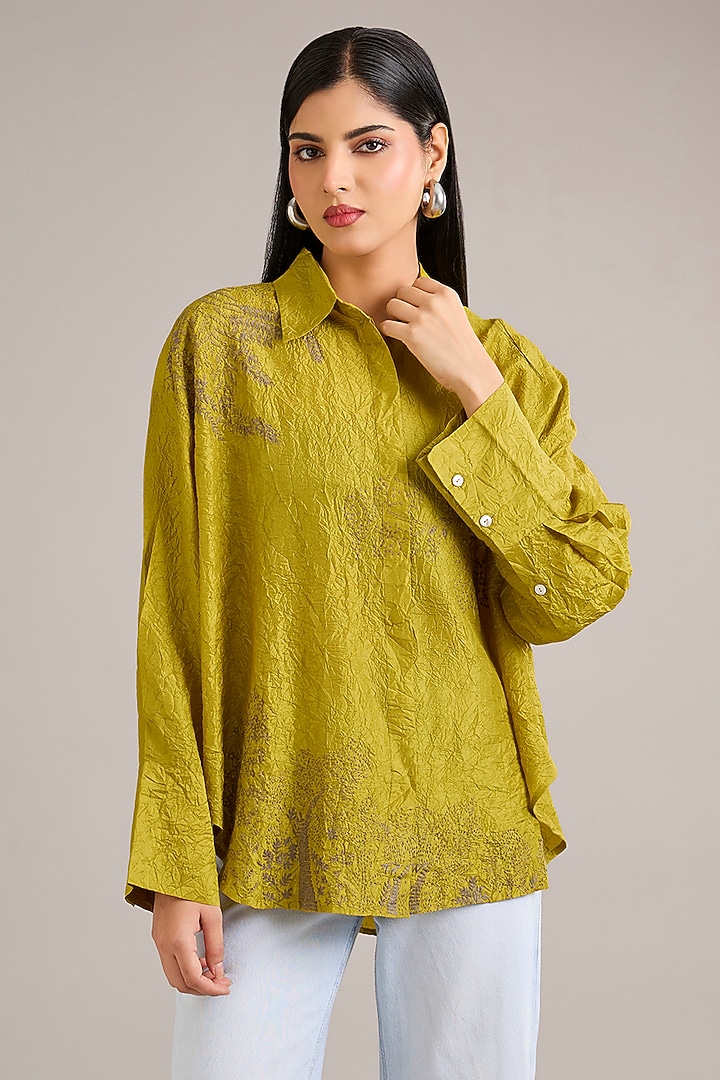 Nashpati Green Crushed Mulberry Silk Floral Embroidered Shirt by Divyam Mehta at Pernia's Pop Up Shop
