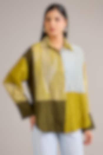 Nashpati Green Crushed Mulberry Silk Color-Blocked Shirt by Divyam Mehta at Pernia's Pop Up Shop