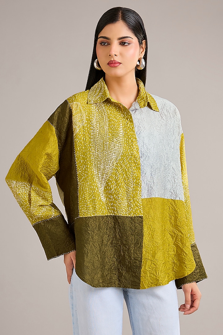 Nashpati Green Crushed Mulberry Silk Color-Blocked Shirt by Divyam Mehta at Pernia's Pop Up Shop