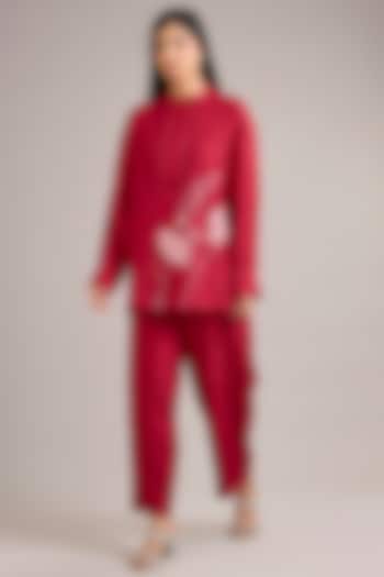 Valentine Red Crushed Mulberry Silk Floral Work Shirt by Divyam Mehta at Pernia's Pop Up Shop